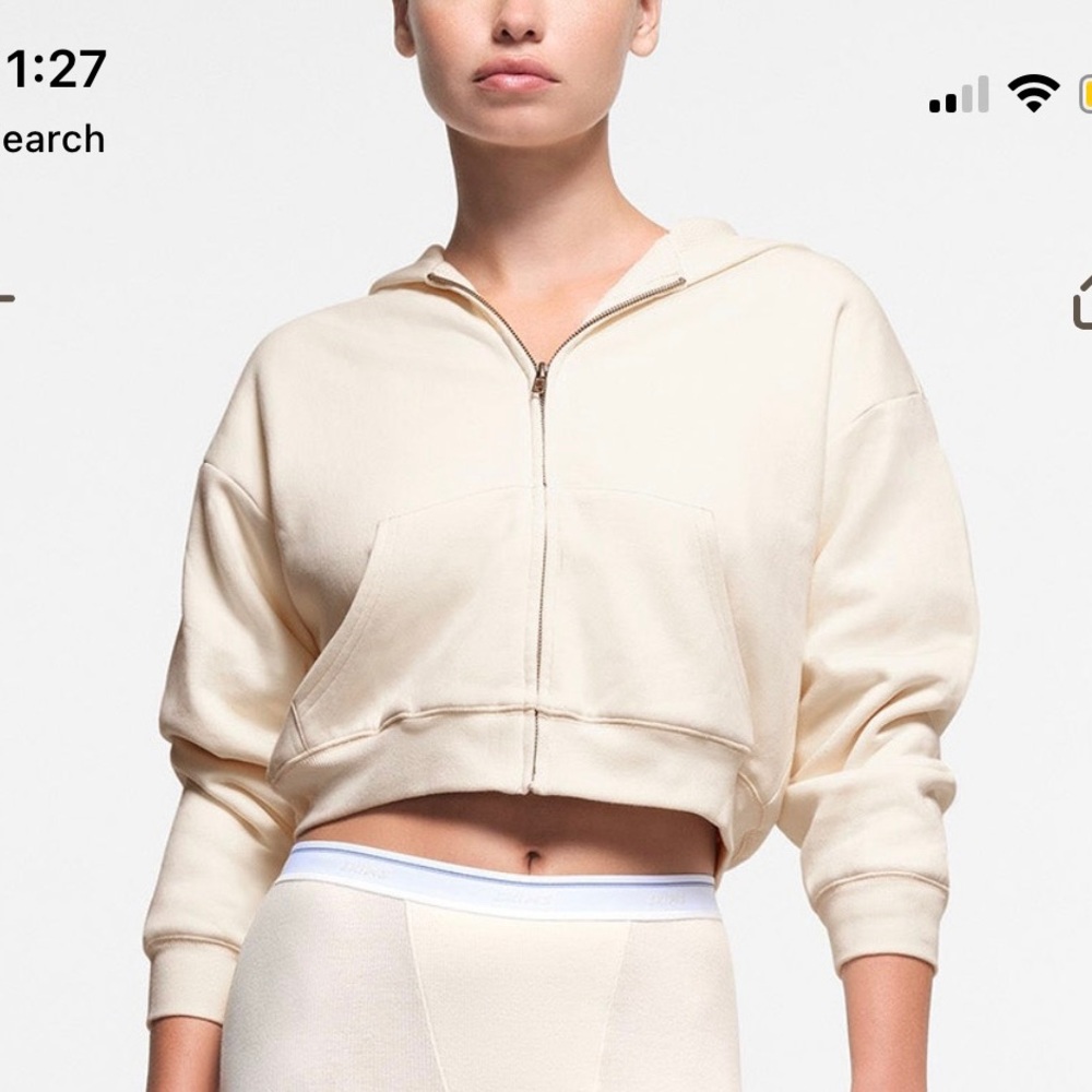 SKIMS Cotton Fleece Waffle Lined Shrunken Zip Up Hoodie